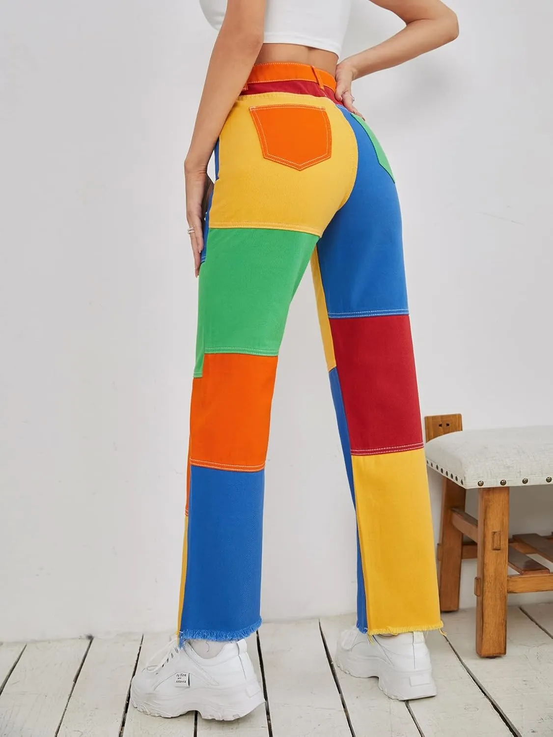 WDIRARA Women's Color Block Raw Hem High Waisted Jeans Straight Leg Denim Pants