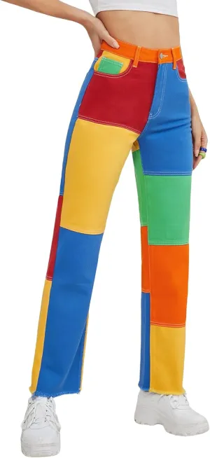 WDIRARA Women's Color Block Raw Hem High Waisted Jeans Straight Leg Denim Pants