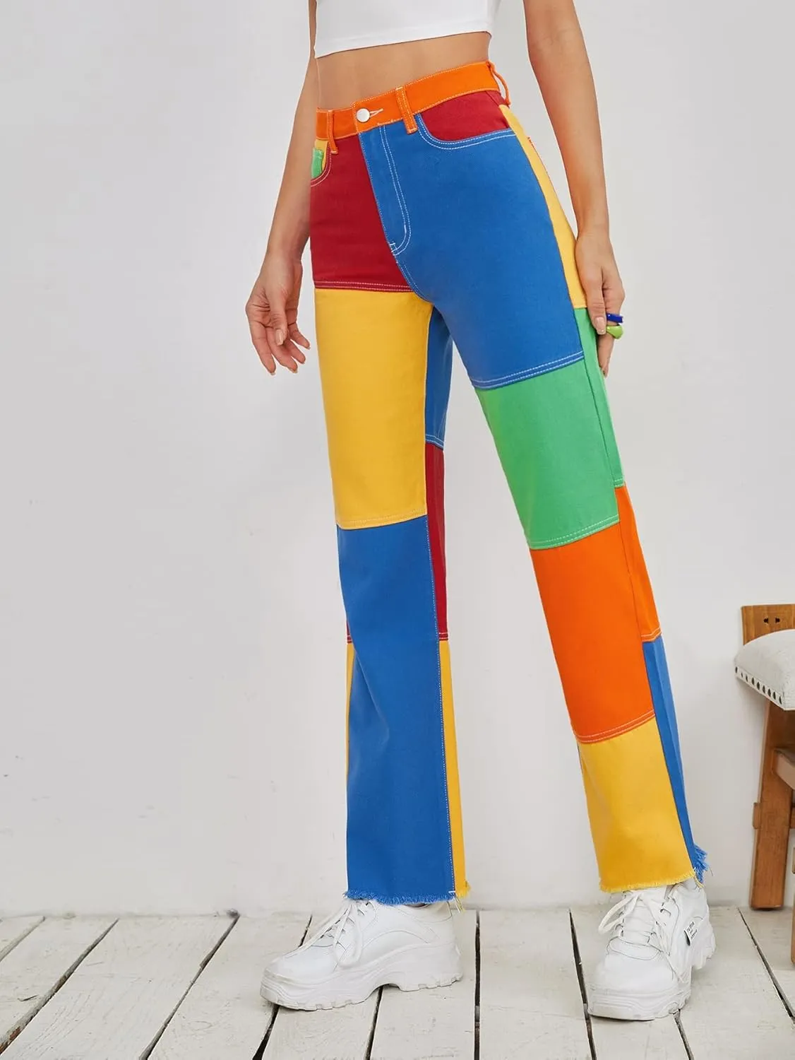 WDIRARA Women's Color Block Raw Hem High Waisted Jeans Straight Leg Denim Pants