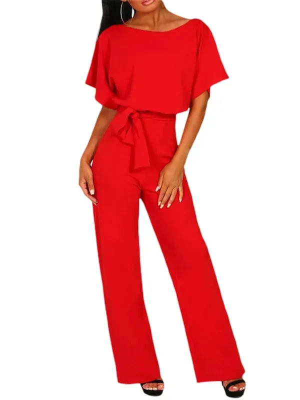 Women Jumpsuits Elegant Solid Color Flare Short Sleeve Waist Tie Wide Leg Pants Romper Summer Streetwear