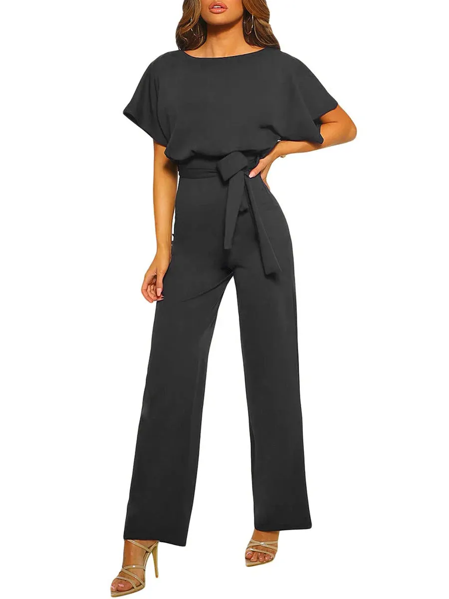 Women Jumpsuits Elegant Solid Color Flare Short Sleeve Waist Tie Wide Leg Pants Romper Summer Streetwear