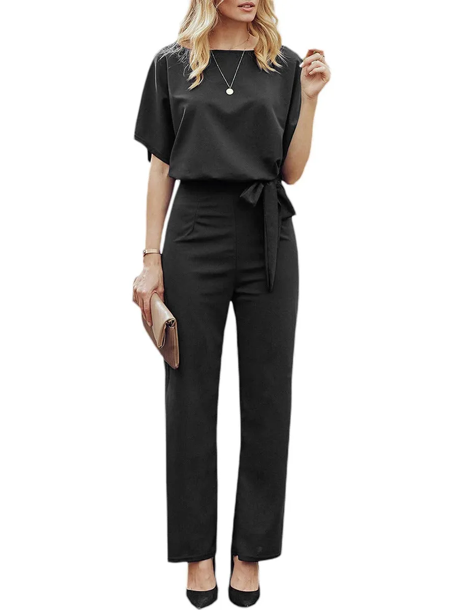 Women Jumpsuits Elegant Solid Color Flare Short Sleeve Waist Tie Wide Leg Pants Romper Summer Streetwear