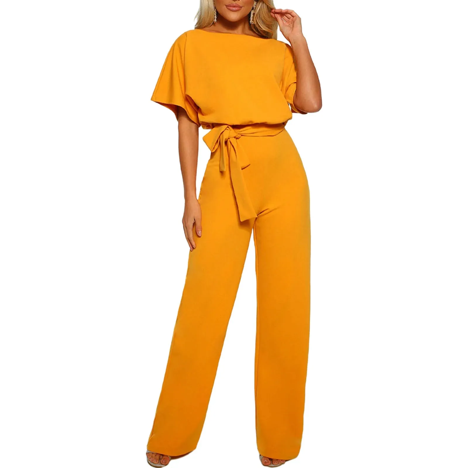 Women Jumpsuits Elegant Solid Color Flare Short Sleeve Waist Tie Wide Leg Pants Romper Summer Streetwear