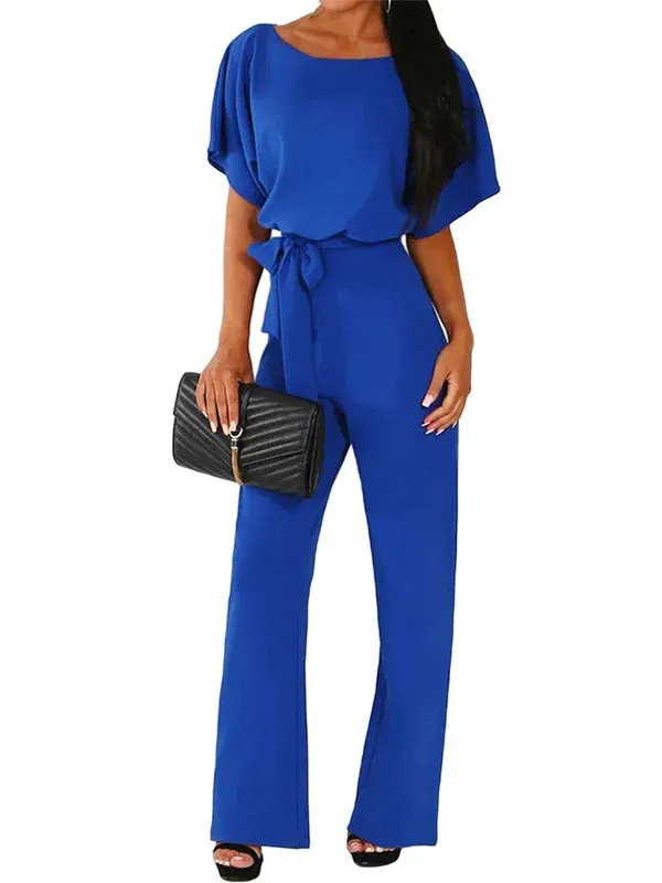 Women Jumpsuits Elegant Solid Color Flare Short Sleeve Waist Tie Wide Leg Pants Romper Summer Streetwear