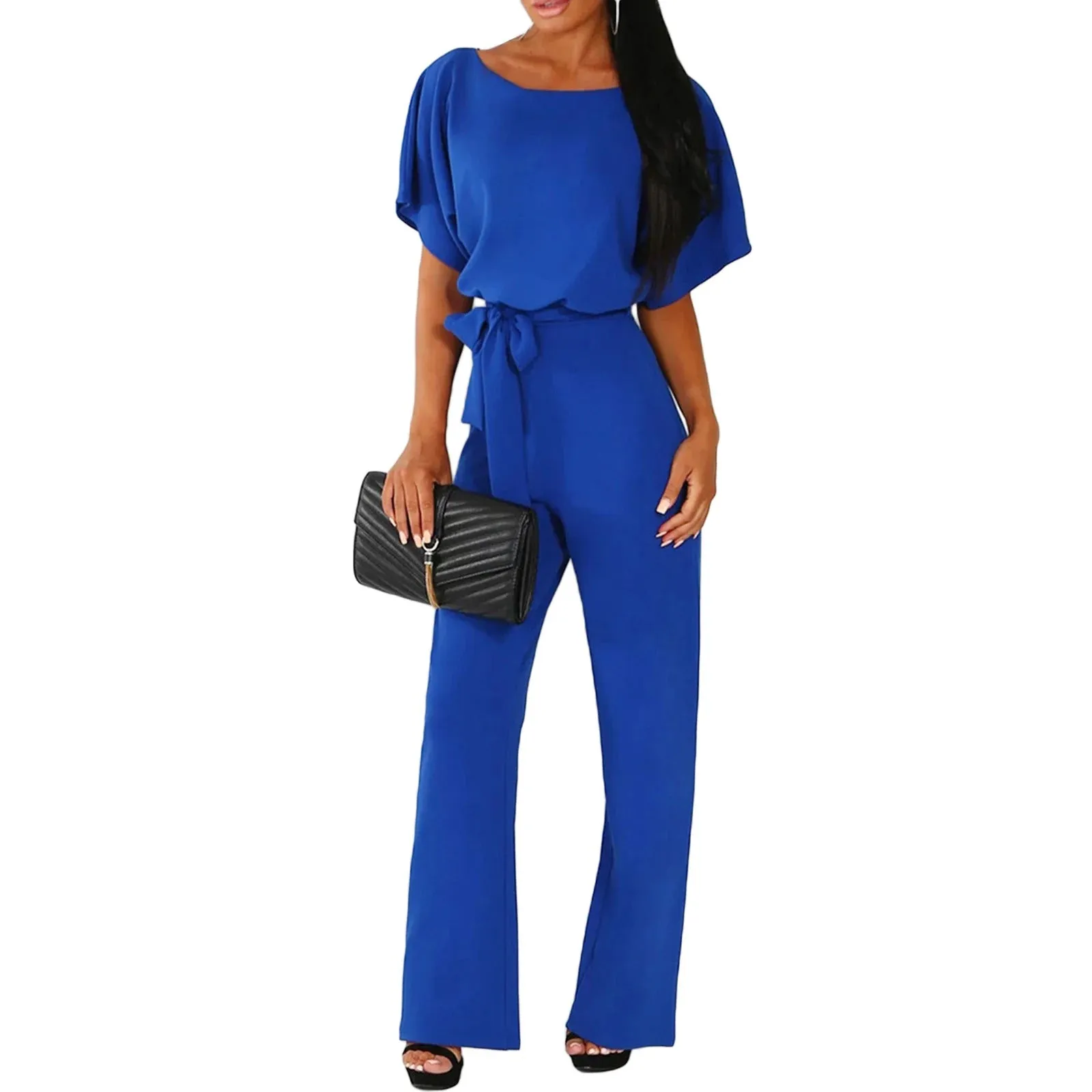 Women Jumpsuits Elegant Solid Color Flare Short Sleeve Waist Tie Wide Leg Pants Romper Summer Streetwear