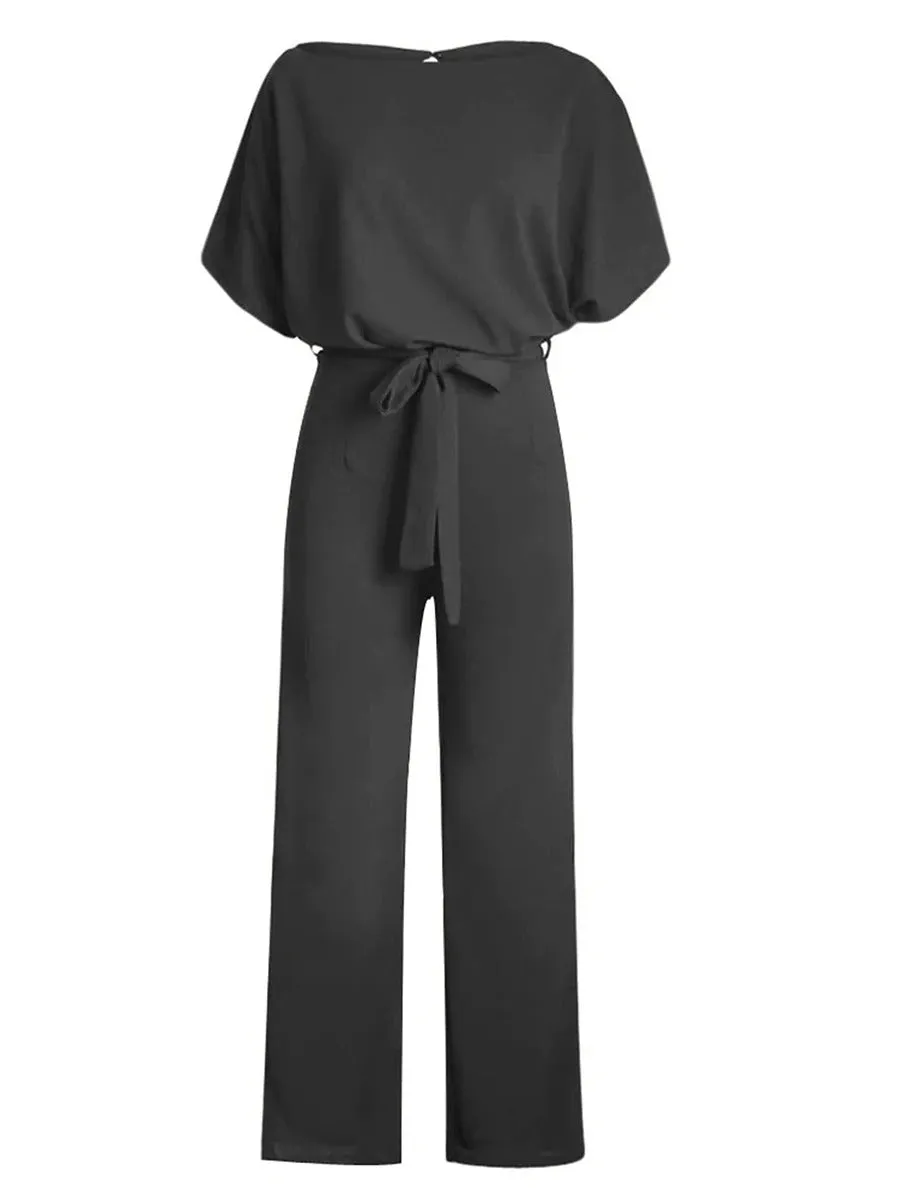 Women Jumpsuits Elegant Solid Color Flare Short Sleeve Waist Tie Wide Leg Pants Romper Summer Streetwear