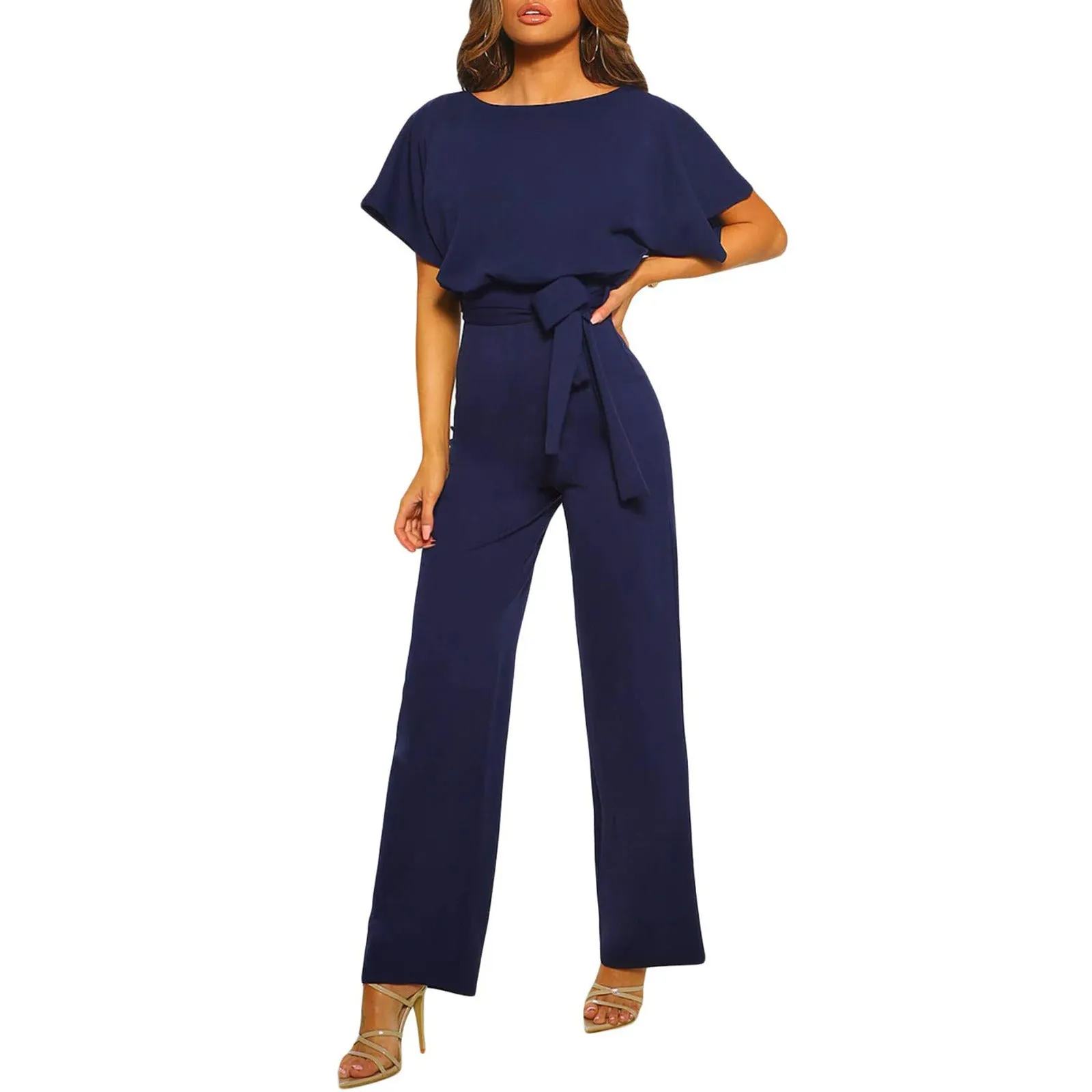 Women Jumpsuits Elegant Solid Color Flare Short Sleeve Waist Tie Wide Leg Pants Romper Summer Streetwear