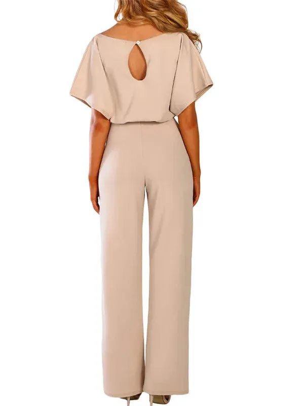 Women Jumpsuits Elegant Solid Color Flare Short Sleeve Waist Tie Wide Leg Pants Romper Summer Streetwear