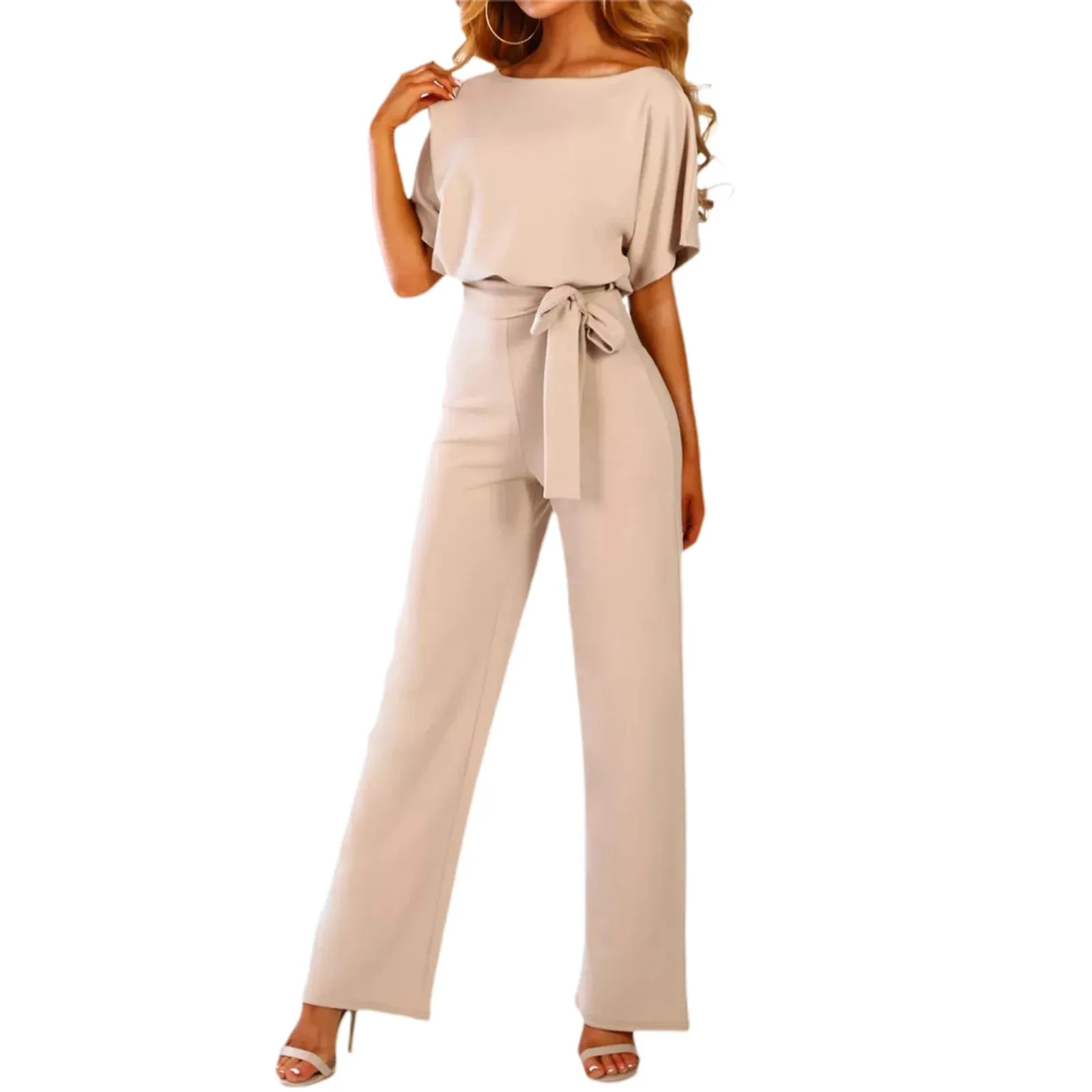 Women Jumpsuits Elegant Solid Color Flare Short Sleeve Waist Tie Wide Leg Pants Romper Summer Streetwear