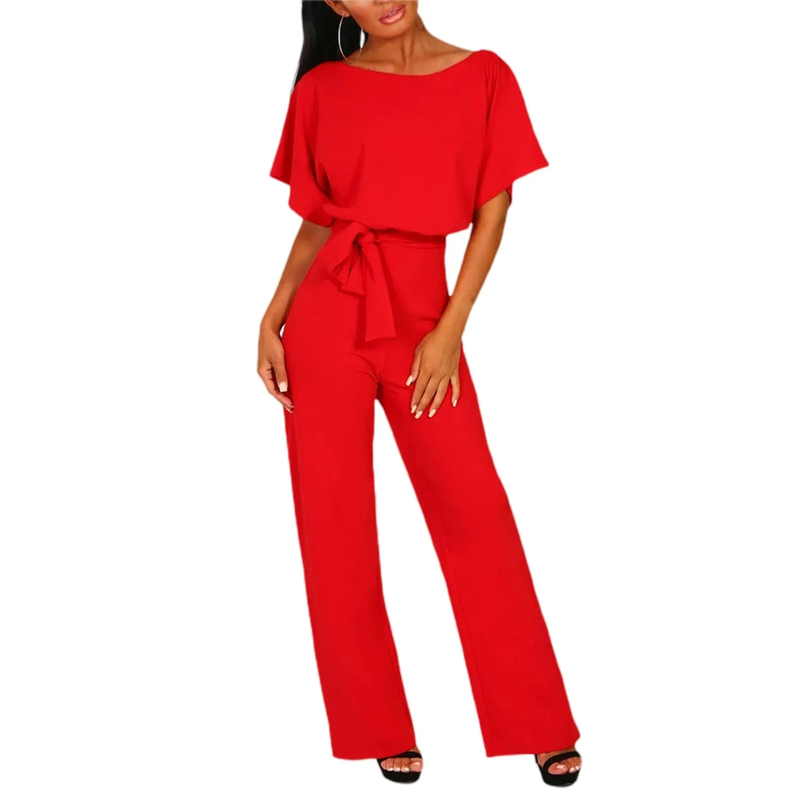 Women Jumpsuits Elegant Solid Color Flare Short Sleeve Waist Tie Wide Leg Pants Romper Summer Streetwear