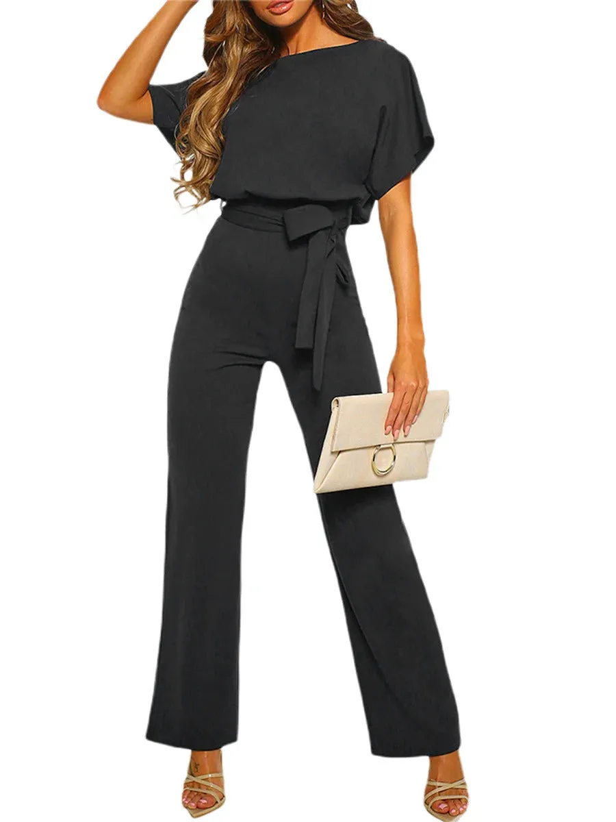 Women Jumpsuits Elegant Solid Color Flare Short Sleeve Waist Tie Wide Leg Pants Romper Summer Streetwear