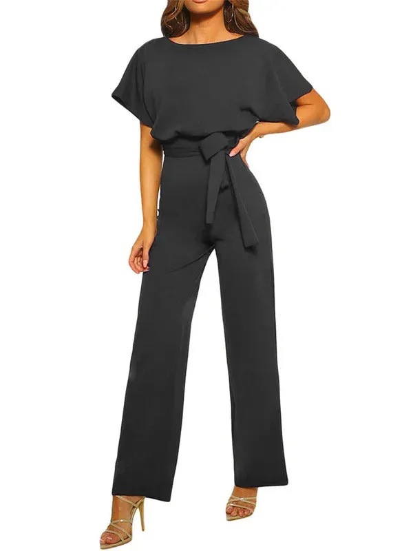 Women Jumpsuits Elegant Solid Color Flare Short Sleeve Waist Tie Wide Leg Pants Romper Summer Streetwear