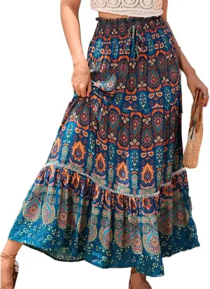 Women's A Line Skirts Summer Boho Floral Elastic High Waisted Maxi Skirt Flowy Tiered Ruffle Hem Beach Long Skirts