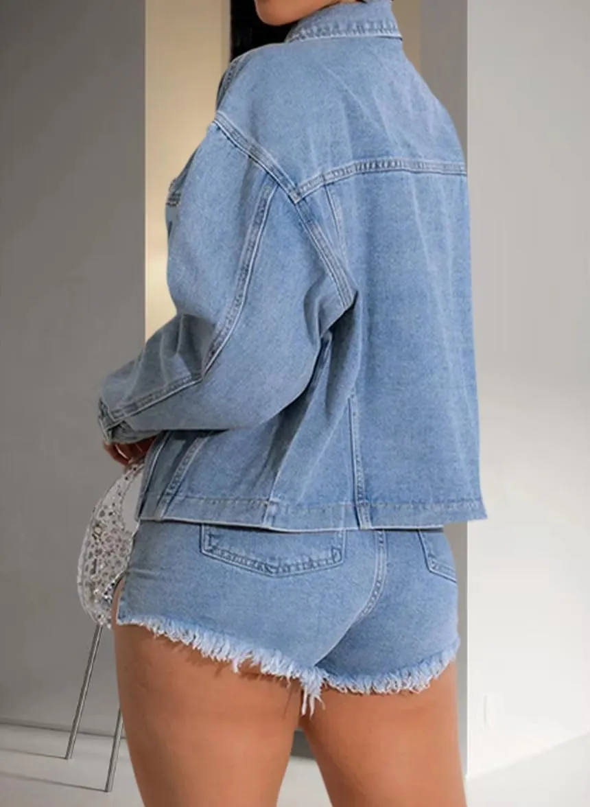 Women's Cropped Denim Jackets Distressed Long Sleeve Basic Button Down Jean Jacket