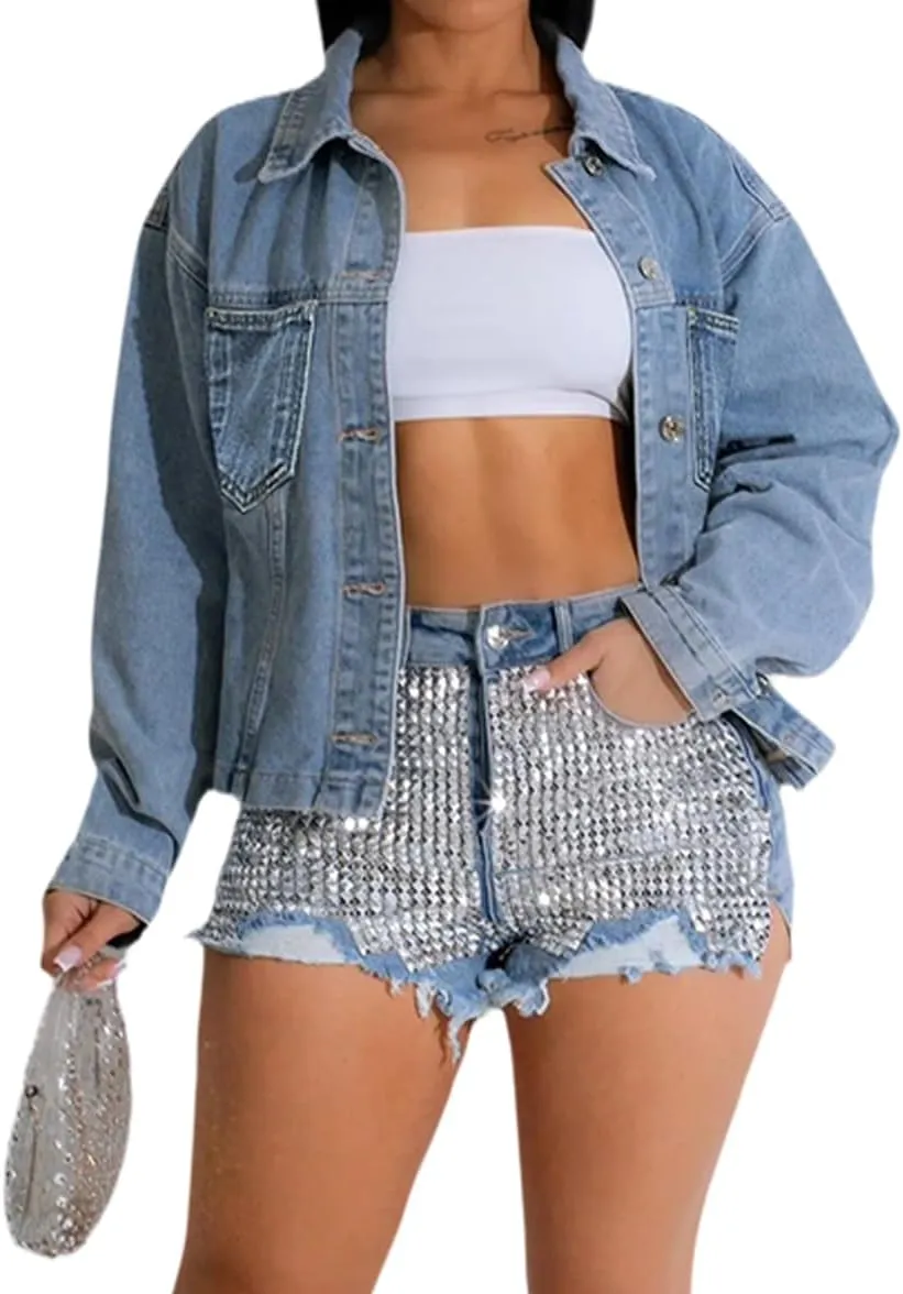 Women's Cropped Denim Jackets Distressed Long Sleeve Basic Button Down Jean Jacket