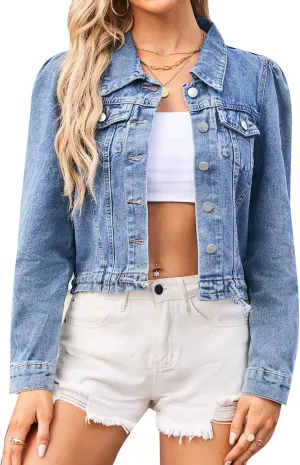Women's Denim Jackets Long Sleeve Button Down Short Denim-Jacket Classic Cropped Jean Jacket with Pockets