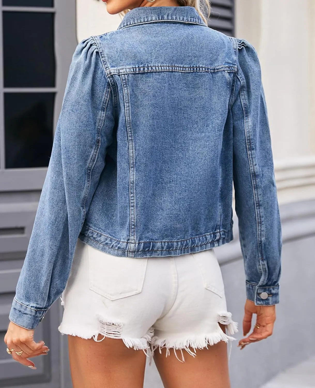 Women's Denim Jackets Long Sleeve Button Down Short Denim-Jacket Classic Cropped Jean Jacket with Pockets