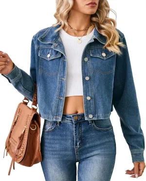 Women's Denim Jackets Long Sleeve Button Down Short Denim-Jacket Classic Cropped Jean Jacket with Pockets