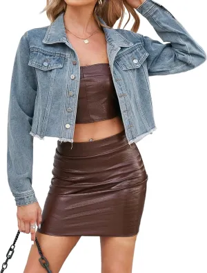 Women's Denim Jackets Long Sleeve Button Down Short Denim-Jacket Classic Cropped Jean Jacket with Pockets