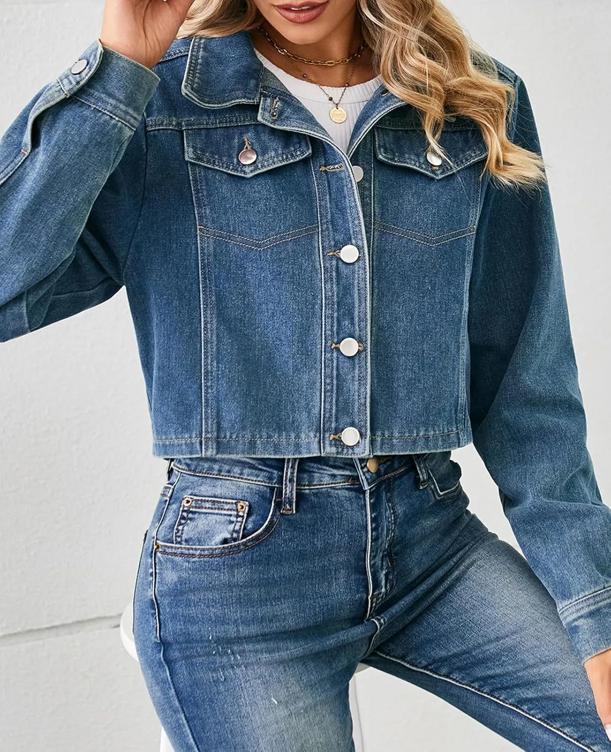 Women's Denim Jackets Long Sleeve Button Down Short Denim-Jacket Classic Cropped Jean Jacket with Pockets