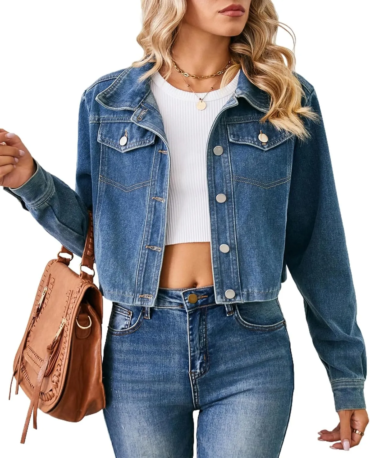 Women's Denim Jackets Long Sleeve Button Down Short Denim-Jacket Classic Cropped Jean Jacket with Pockets