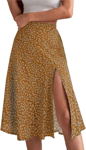 Womens Floral Midi Skirts Summer Print Elastic High Waisted Split Hem Skorts Fashion Flowy Tunic A Line Skirts 2025
