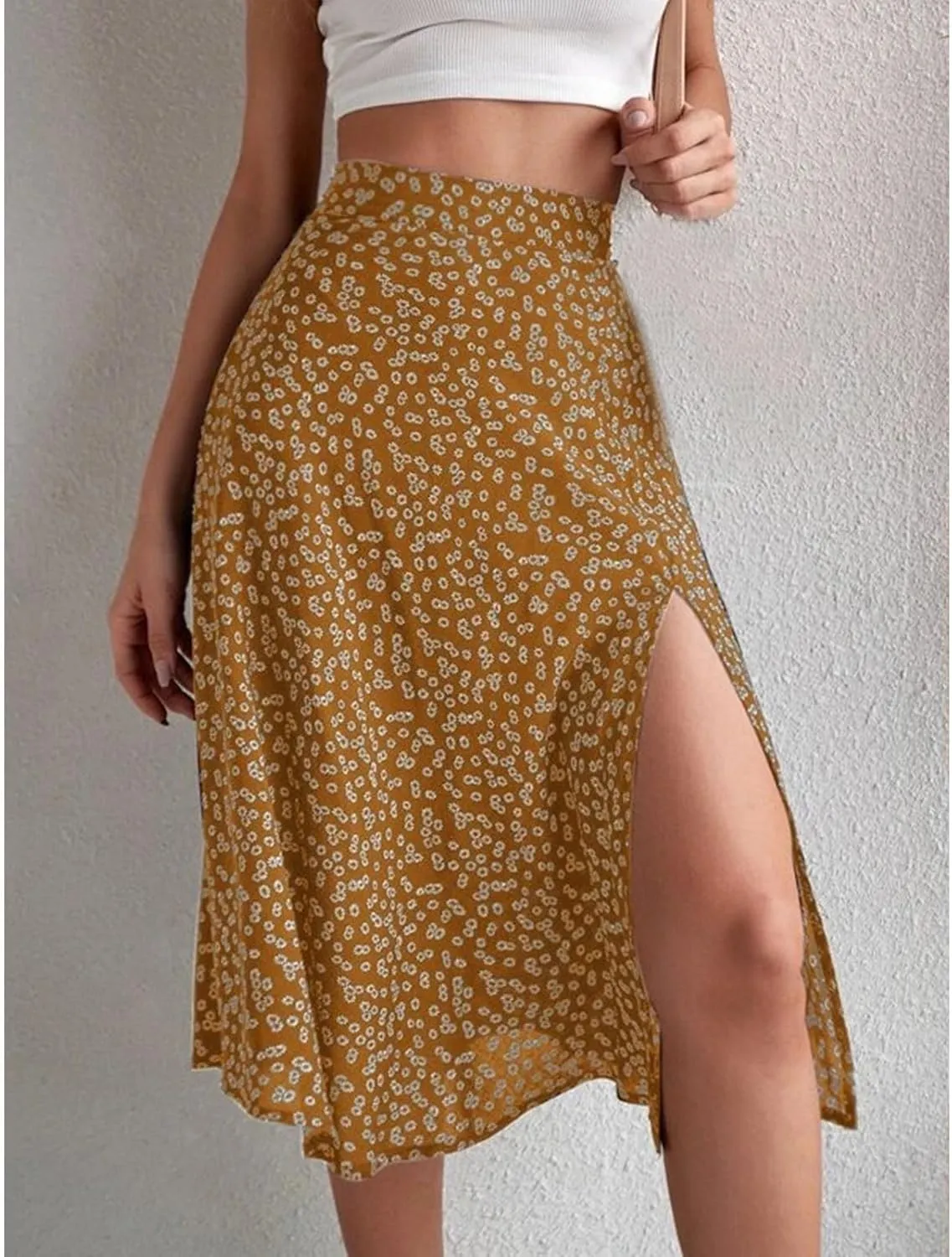 Womens Floral Midi Skirts Summer Print Elastic High Waisted Split Hem Skorts Fashion Flowy Tunic A Line Skirts 2025