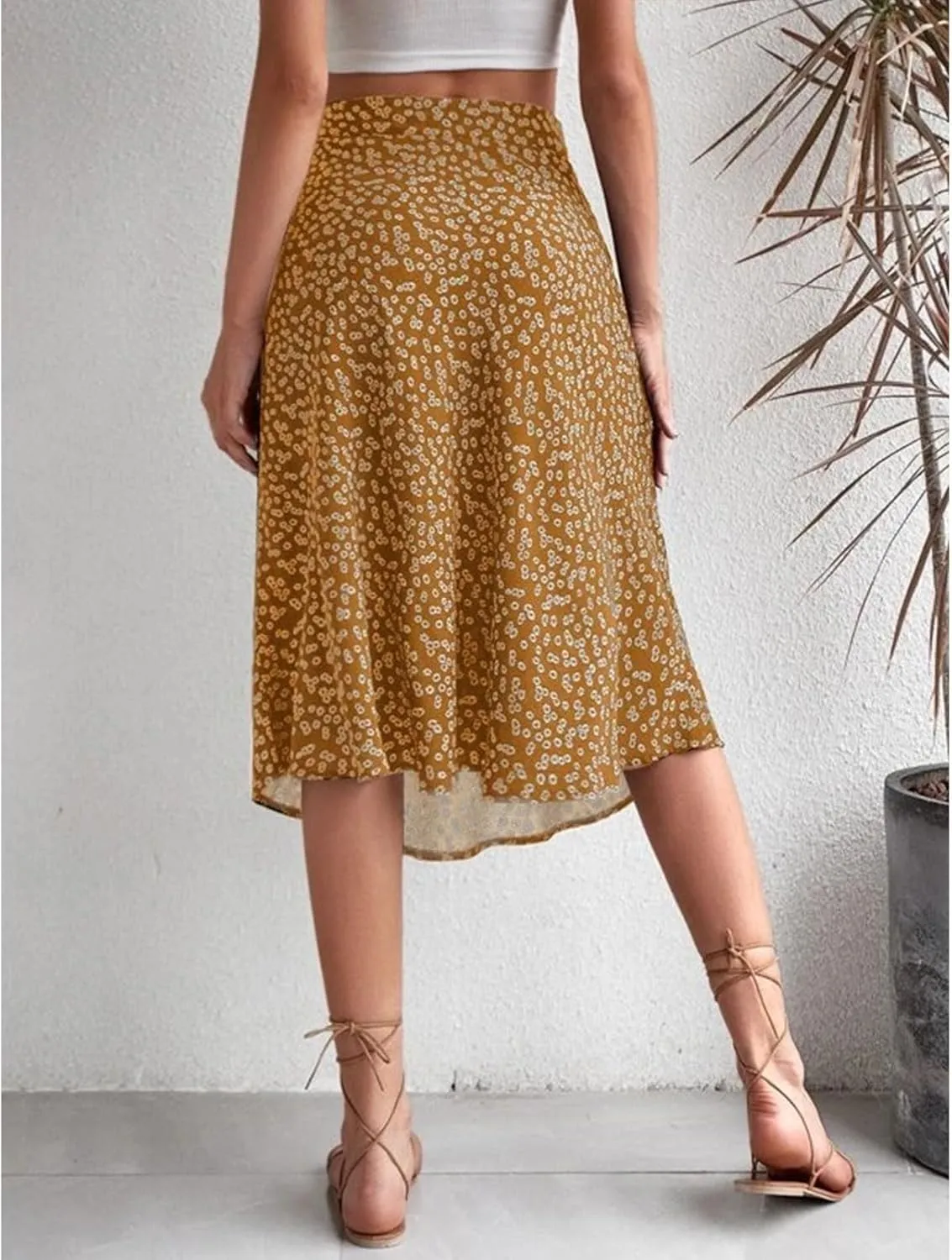 Womens Floral Midi Skirts Summer Print Elastic High Waisted Split Hem Skorts Fashion Flowy Tunic A Line Skirts 2025