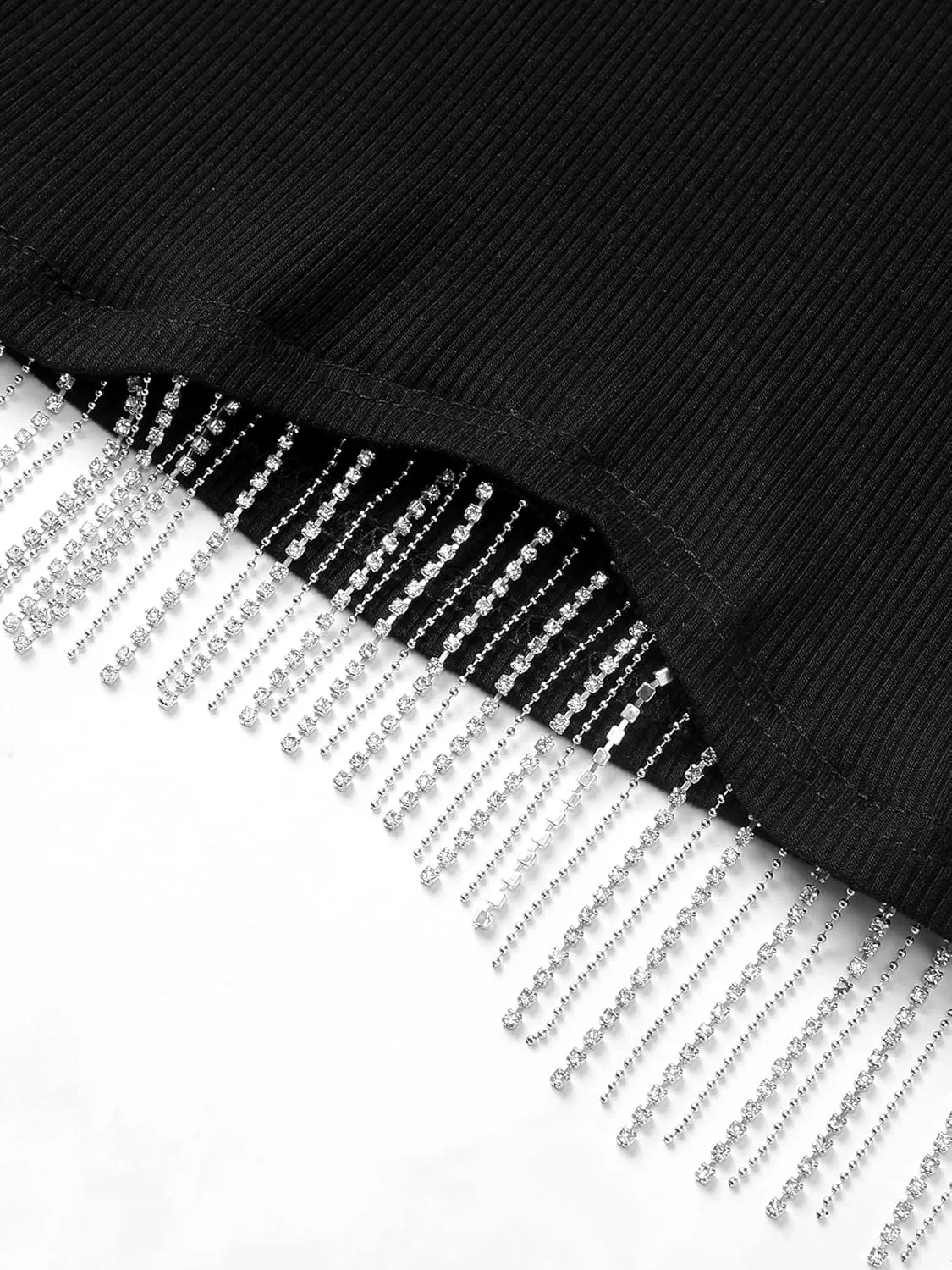 Womens Nashville Sparkly Glitter Fringe Short Sleeve Cropped Top Raceback Ribbed Crop Tank Tops with Rhinestone Tassel