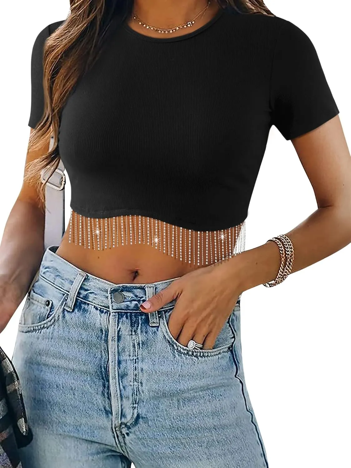 Womens Nashville Sparkly Glitter Fringe Short Sleeve Cropped Top Raceback Ribbed Crop Tank Tops with Rhinestone Tassel
