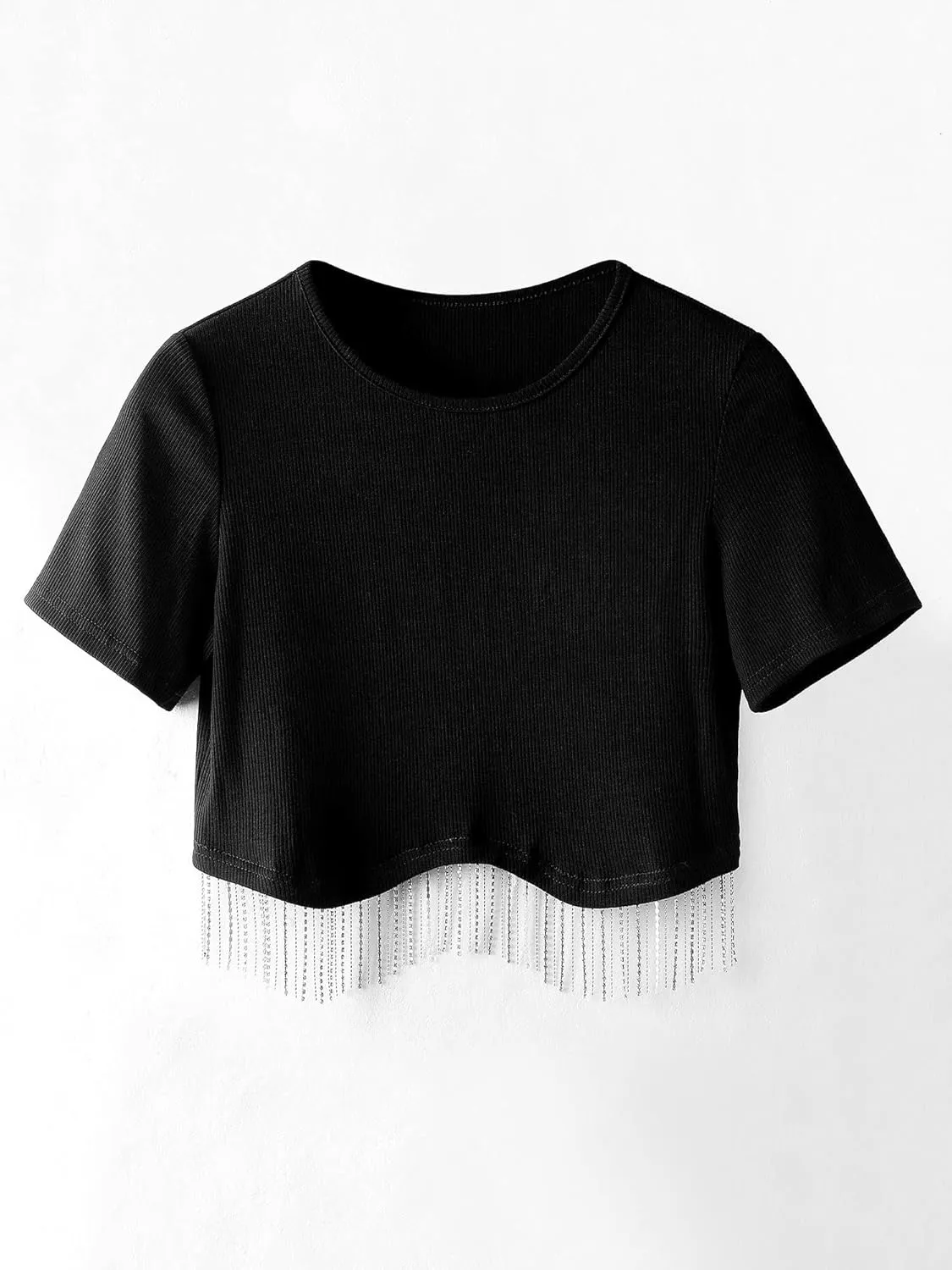 Womens Nashville Sparkly Glitter Fringe Short Sleeve Cropped Top Raceback Ribbed Crop Tank Tops with Rhinestone Tassel