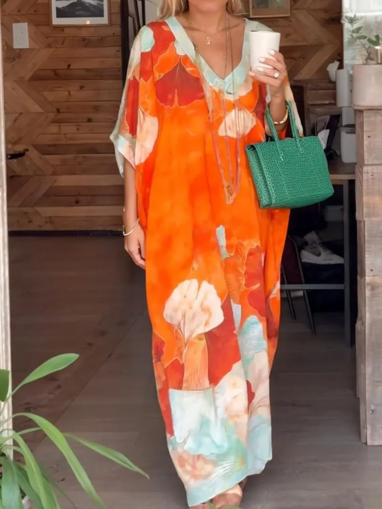 Women's Summer Colorful Floral V Neck Maxi Dress Casual Plus Size Bohemian Beach Vacation Kaftan Dress