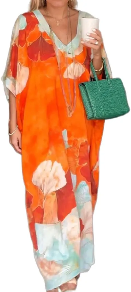 Women's Summer Colorful Floral V Neck Maxi Dress Casual Plus Size Bohemian Beach Vacation Kaftan Dress