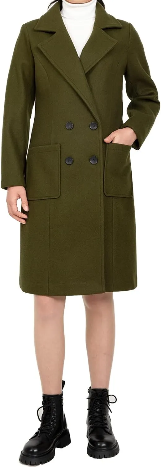 Women's Wool Trench Coat Double Breasted Pea Coat Nortched Laple Mid Long Wool Blend Overcoat Jacket