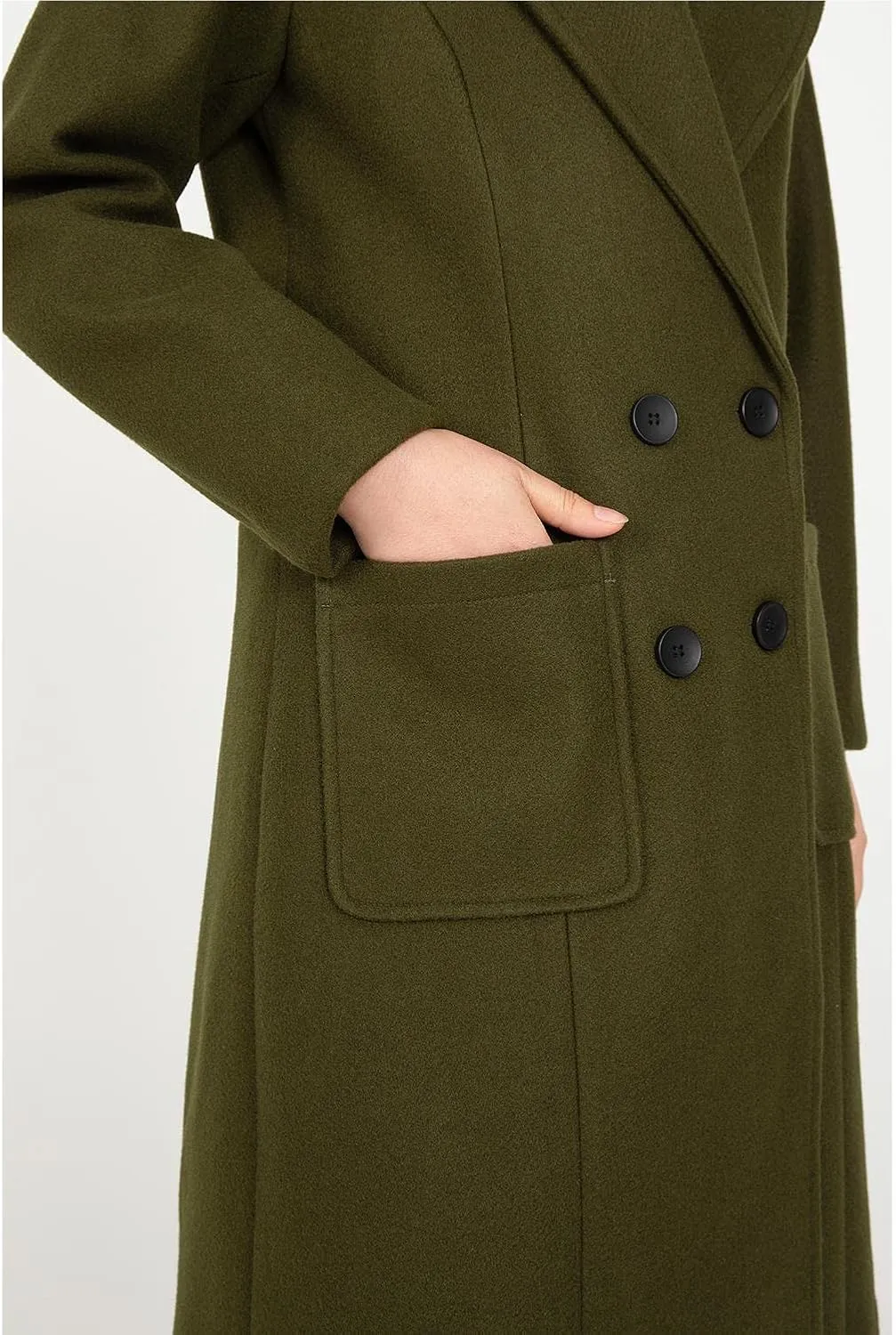Women's Wool Trench Coat Double Breasted Pea Coat Nortched Laple Mid Long Wool Blend Overcoat Jacket