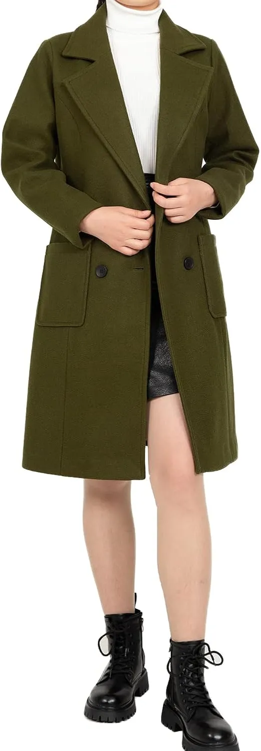Women's Wool Trench Coat Double Breasted Pea Coat Nortched Laple Mid Long Wool Blend Overcoat Jacket