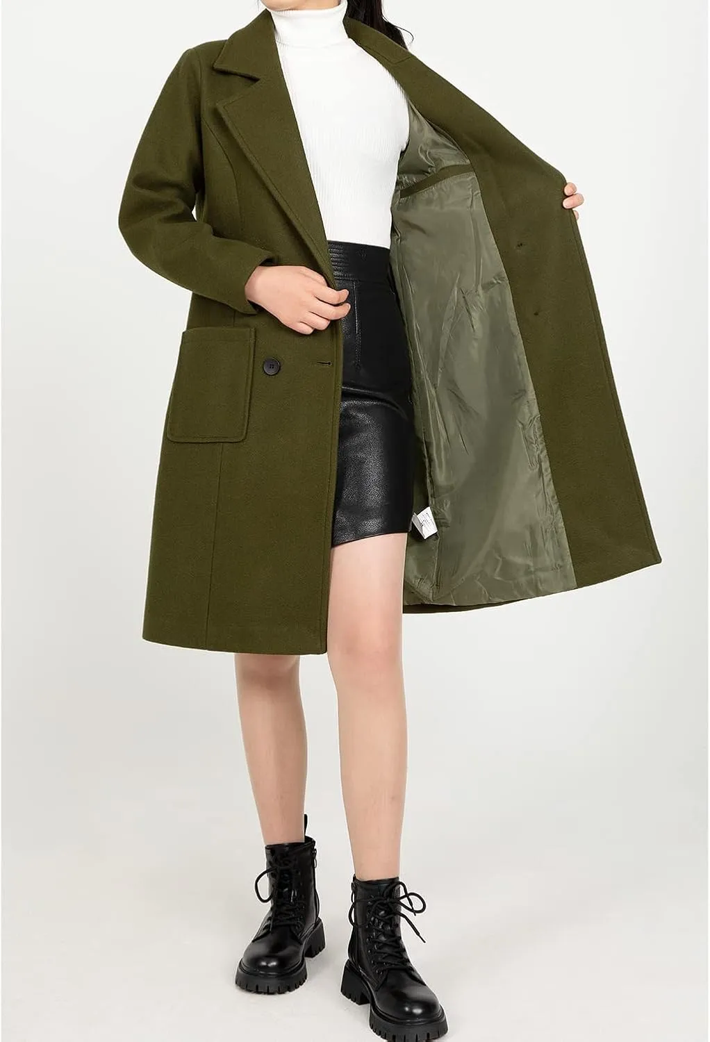 Women's Wool Trench Coat Double Breasted Pea Coat Nortched Laple Mid Long Wool Blend Overcoat Jacket