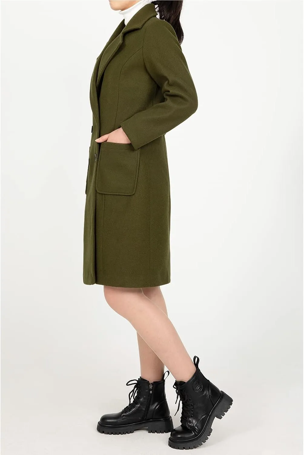 Women's Wool Trench Coat Double Breasted Pea Coat Nortched Laple Mid Long Wool Blend Overcoat Jacket