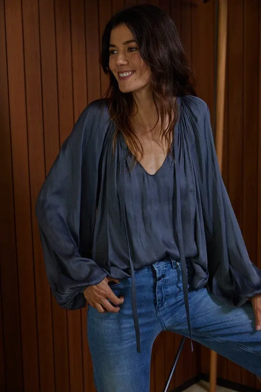 WOVEN SATIN LONG SLEEVE V-NECK BLOUSE