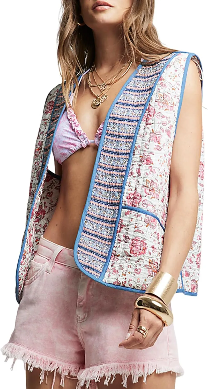 Wyeysyt Womens Floral Cropped Quilted Puffer Vest Printed Lightweight Sleeveless Padded Gilets Outwear