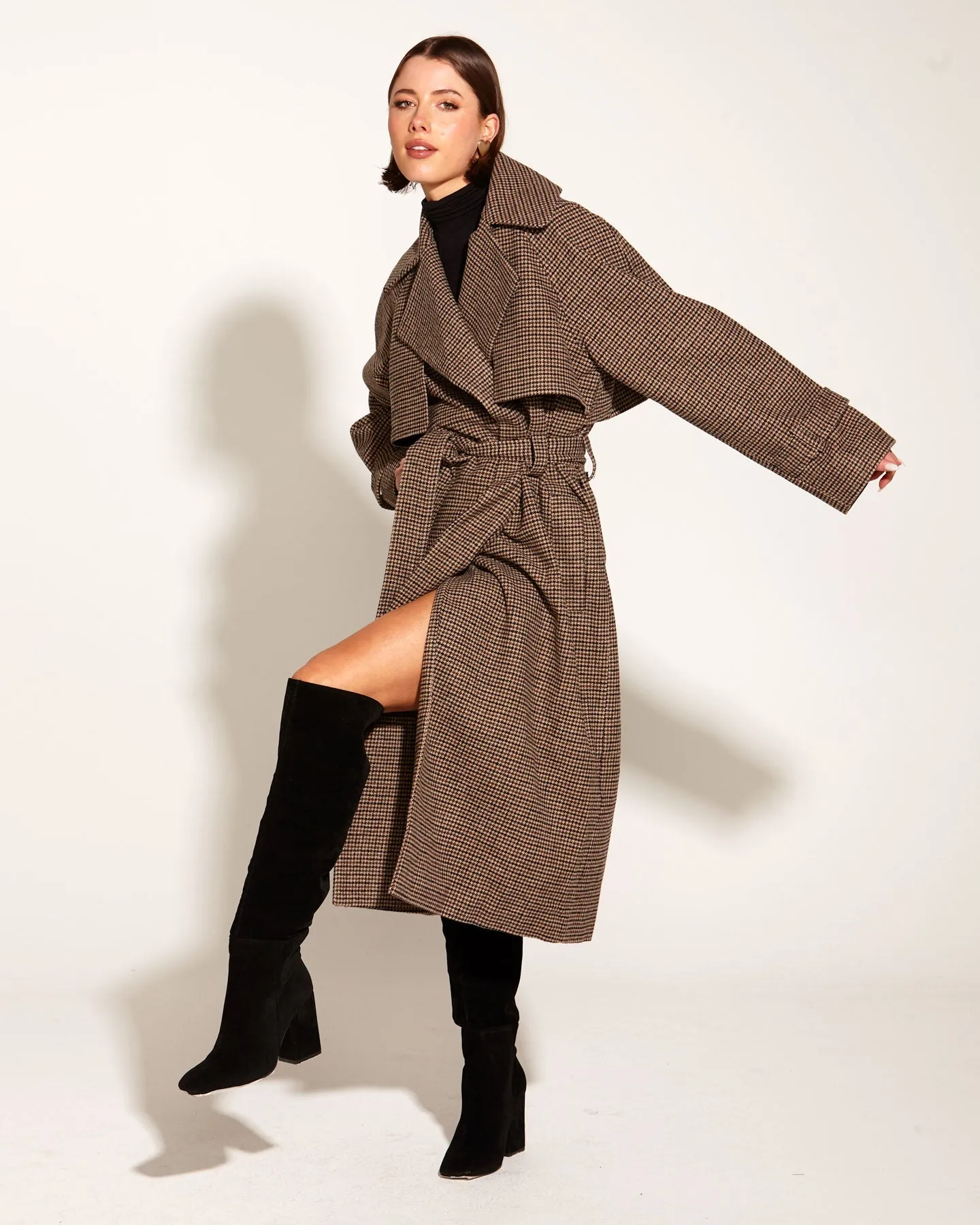 You Read My Mind Houndstooth Storm Flap Oversized Wool-Blend Trench Coat - Houndstooth