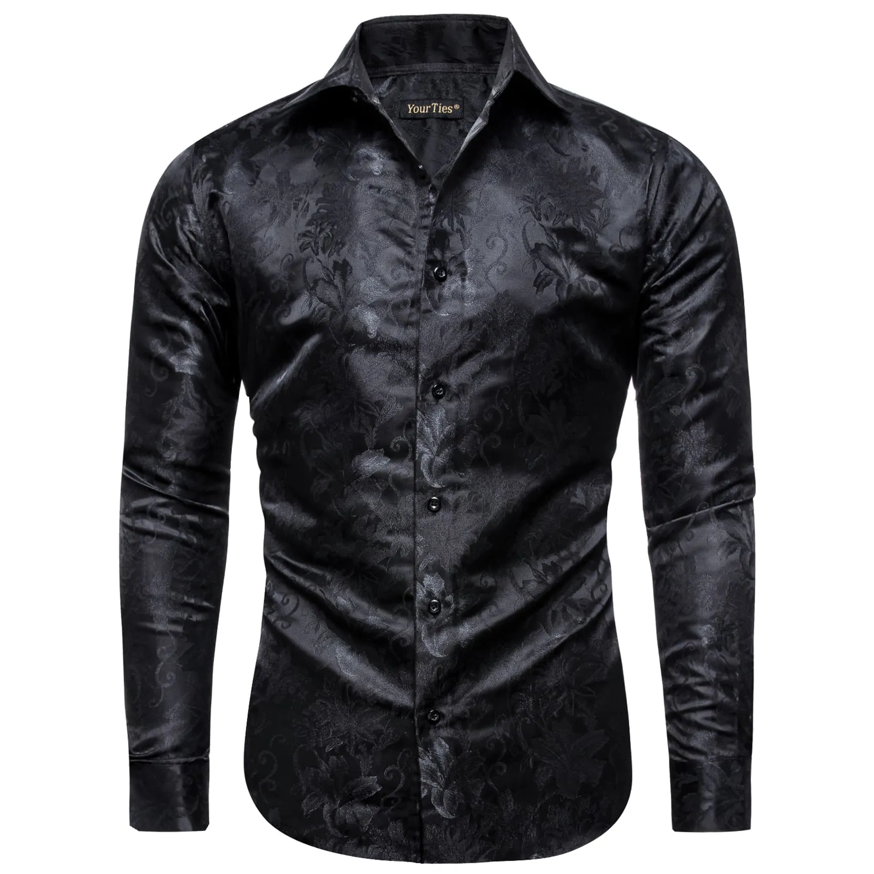 YourTies Black Long Sleeve Top Dark Grey Floral Men's Silk Dress Shirt