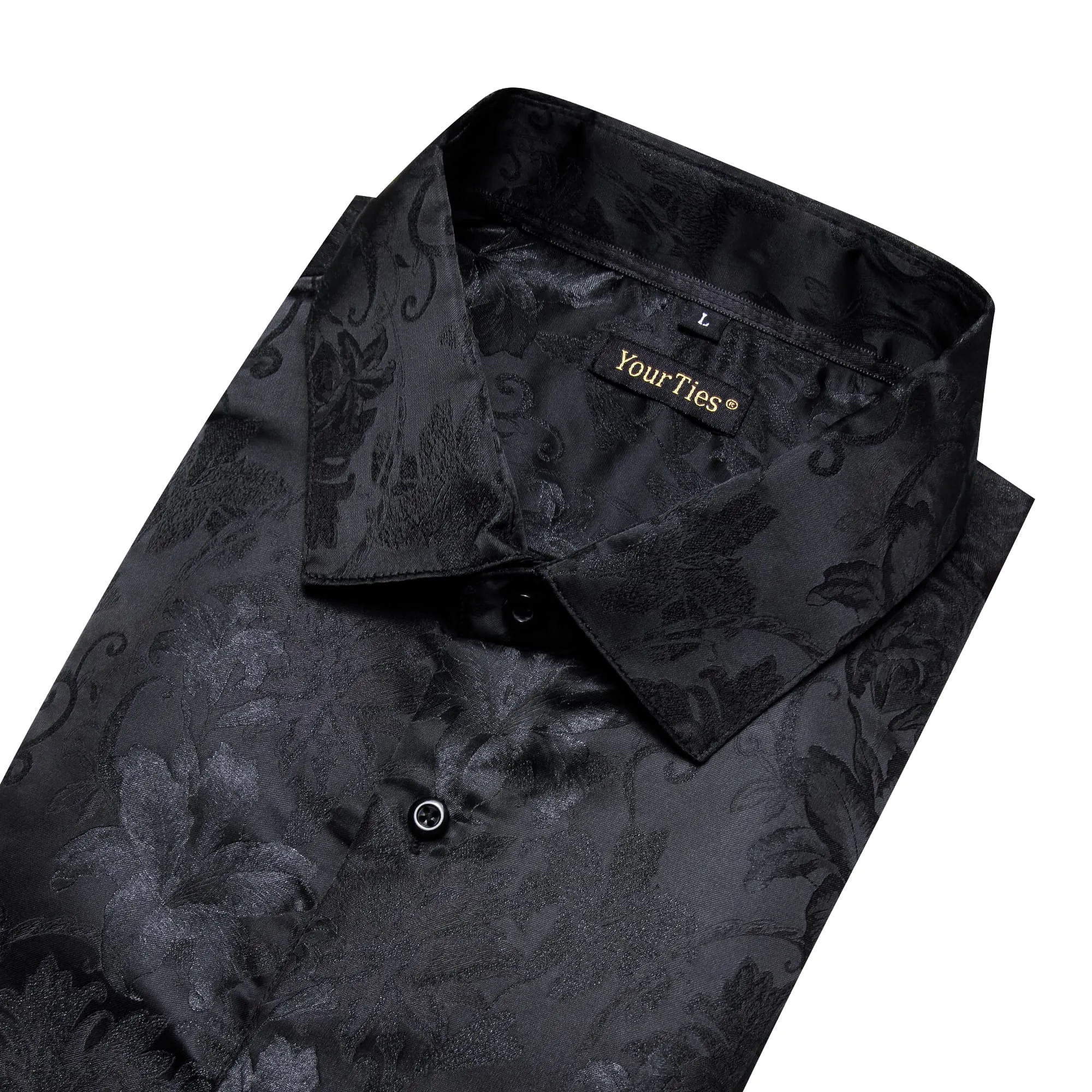 YourTies Black Long Sleeve Top Dark Grey Floral Men's Silk Dress Shirt