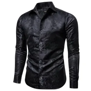 YourTies Black Long Sleeve Top Dark Grey Floral Men's Silk Dress Shirt