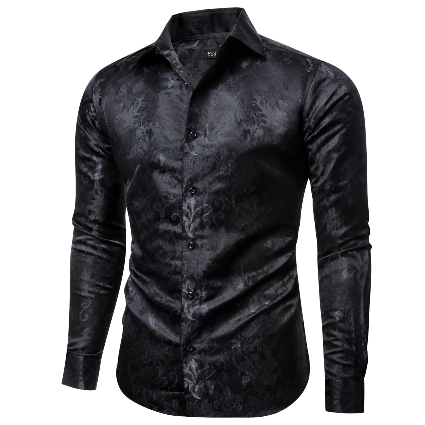 YourTies Black Long Sleeve Top Dark Grey Floral Men's Silk Dress Shirt