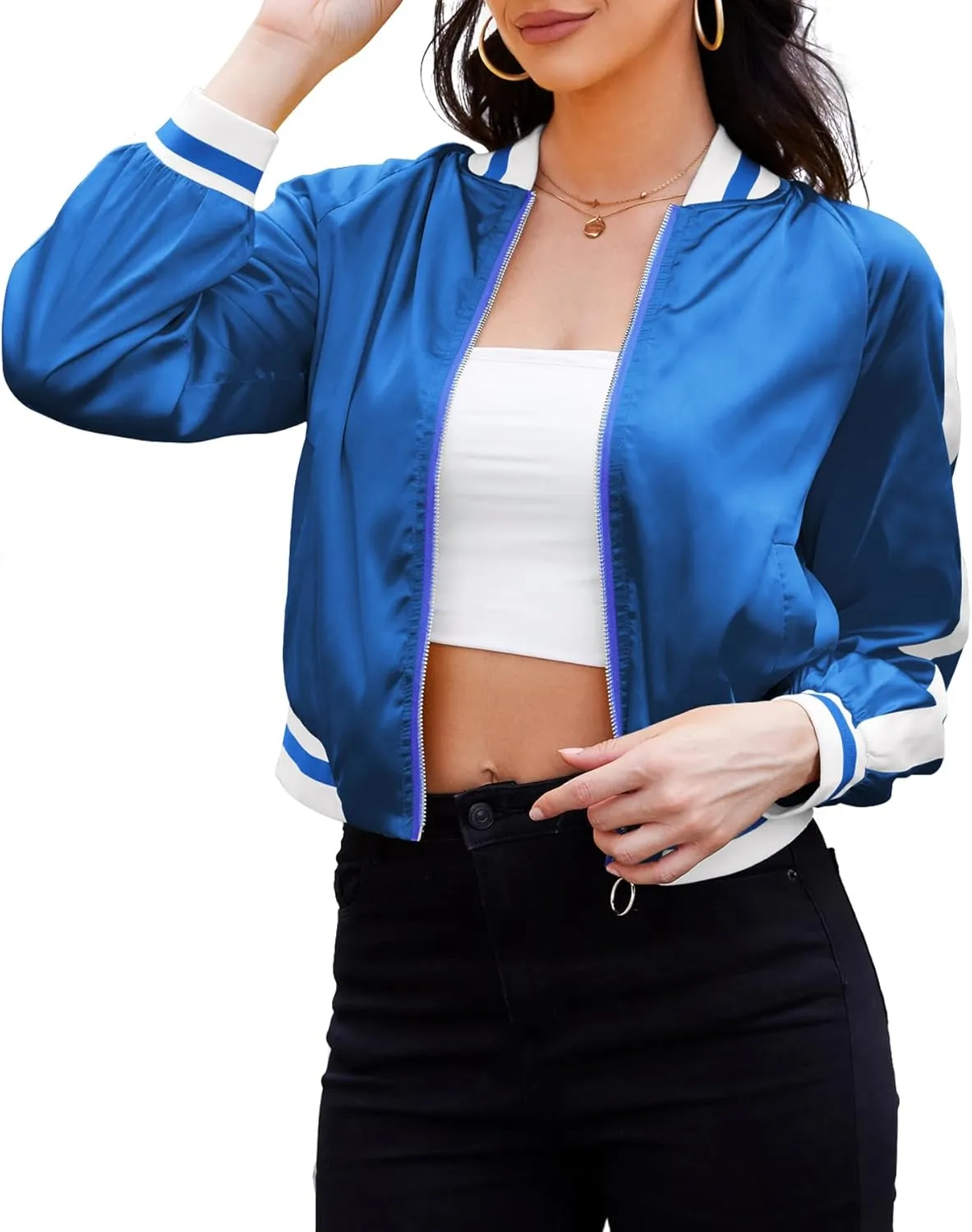 Zando Bomber Jacket Women Lightweight Cropped Jacket Zip Up Casual Striped Jacket Trendy Outerwear Windbreaker with Pockets