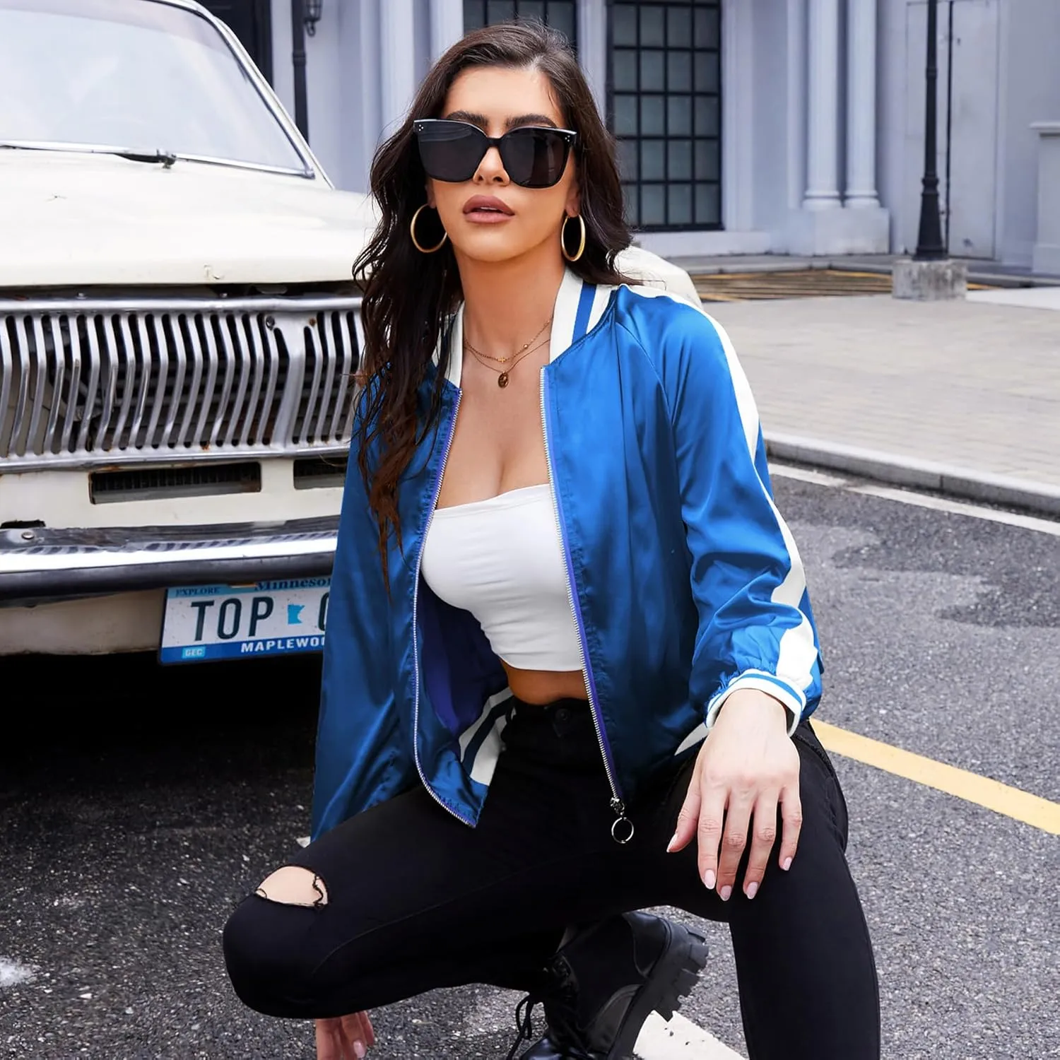 Zando Bomber Jacket Women Lightweight Cropped Jacket Zip Up Casual Striped Jacket Trendy Outerwear Windbreaker with Pockets